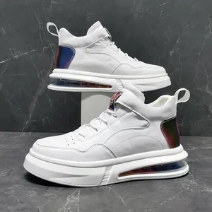Detailed view of white high-top sneakers with transparent air cushion sole.