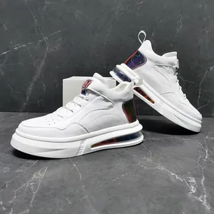 Close-up view of white high-top sneakers with iridescent heel and air cushion sole