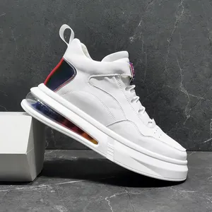 Close-up of men's white high-top casual sneakers with colorful air cushion platform