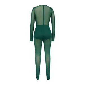 Vue arrière d'une combinaison moulante sexy en maille transparente vert foncé pour femme