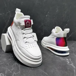 Detailed view of white men's high-top sneakers with air cushion and iridescent heel