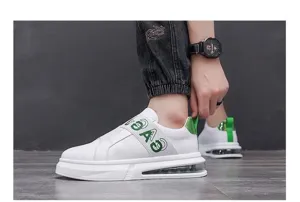 White men's casual slip-on sneaker with green elastic strap and cushioned sole