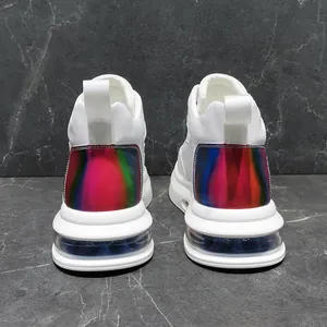 Back view of white men's sneakers with iridescent heel and visible air cushion sole