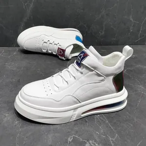 Detailed view of stylish white high-top sneakers with air cushion and iridescent heel