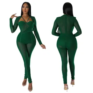 Combinaison sexy en maille transparente vert foncé pour club, vues de face et de dos