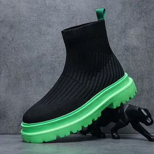 Men High-Top Knit Sock Shoes Breathable Fly-Knit Fashion Streetwear Sneakers Comfortable Thick Sole Non-Slip Casual Footwear
