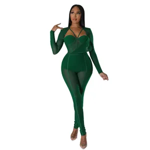 Vue détaillée d'une combinaison moulante sexy en maille transparente vert foncé