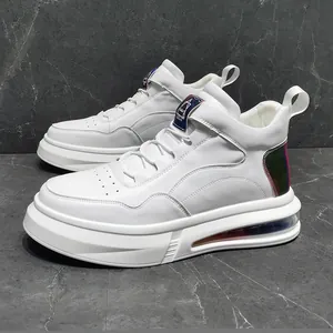 Detailed view of stylish white high-top men's sneakers with air cushion sole and iridescent heel