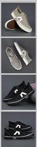 Detailed views of Shanbu men's casual canvas sneakers in khaki, grey, and black.