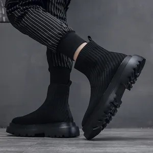 Men's black high-top breathable fly-knit sock sneakers with thick anti-slip sole