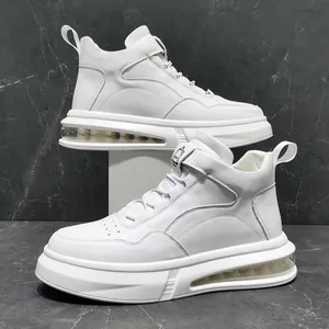 Detailed side view of white high-top casual sneakers featuring a clear air cushion sole.