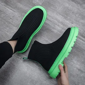Men's breathable high-top flyknit sock shoes with vibrant neon green chunky soles