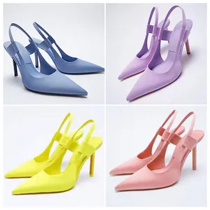 Detail view of elegant pointed-toe slingback stiletto heels in four pastel colors