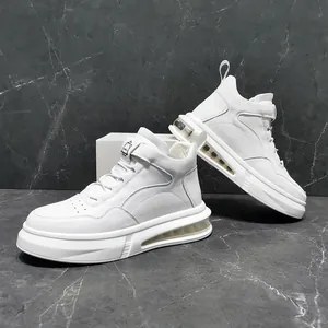 Detailed side view of white high-top men's sneakers with air cushion and chunky sole