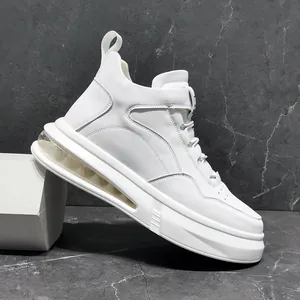 Professional detailed side view of white high-top men's sneakers with air cushion sole.