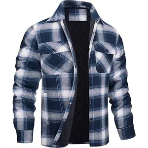 Veste en flanelle matelassée à carreaux bleus et blancs pour hommes avec boutonnage