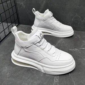 Close-up of white high-top sneakers with air cushion sole and textured leather