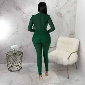 Vue arrière d'une combinaison sexy en maille transparente vert foncé avec fermeture