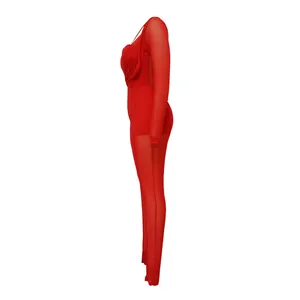 Détail de profil latéral d'une combinaison rouge sexy en maille transparente à col en V
