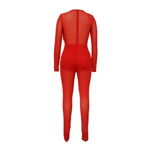 Vue arrière d'une combinaison rouge en maille transparente à manches longues