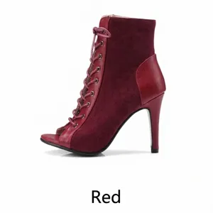 Detailed side view of red lace-up open-toe high heel dance boots with stiletto heel