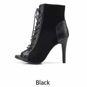 Detailed side view of a black lace-up stiletto ankle boot with open peep-toe design
