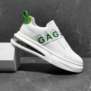 Detailed side view of white men's fashion sneaker with green elastic band and air cushion