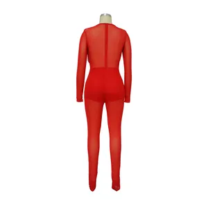 Détail de la vue arrière d'une combinaison rouge transparente à manches longues en mesh