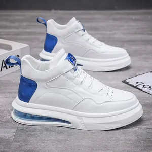 Men's stylish white high-top sneakers with blue accents and visible air cushion sole