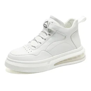 Stylish all-white high-top men's casual sneakers with comfortable air cushion sole