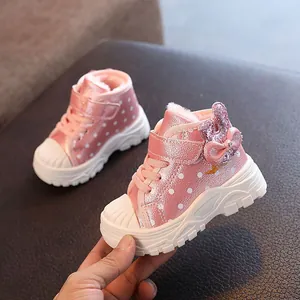 Winter Thickened Girls Princess Martin Boots Warm Fleece Lined Polka Dot Bunny Ear Bow Snow Boots Toddler Non-Slip Mid-Top Shoes