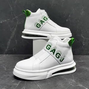 Men's white high-top sneakers featuring green elastic straps and printed GAGJ logo detail
