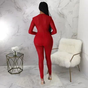 Vue arrière d'une combinaison sexy rouge en maille transparente à manches longues