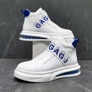 Detail of men's white high-top sneakers with blue air cushion and elastic strap