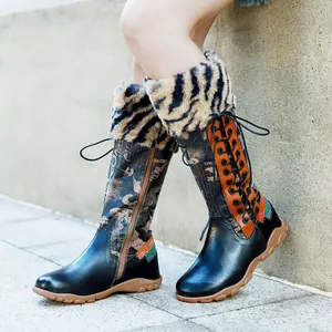 Dames Hoge Laarzen Patchwork Schapenvacht Krantenprint Kraag van Imitatiebont Plat Winter Warm Vetersluiting Rits Retro Laarzen