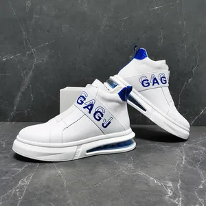 Stylish white high-top sneakers with blue elastic strap and comfortable cushioned sole.