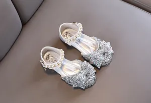 Chaussures de princesse Mary Jane argentées pour filles avec perles et nœud brillant