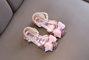 Chaussures de princesse rose à paillettes pour filles avec nœud et perles