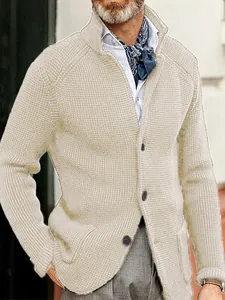 Professional men's slim fit beige knit cardigan jacket with stylish stand collar and buttons