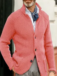 Men's slim-fit stand-collar knitted cardigan jacket in coral pink textured fabric