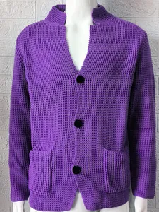 Men's purple slim fit stand-up collar knitted cardigan jacket with waffle texture