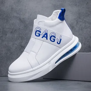 Stylish men's white high-top sneakers with blue elastic strap and air cushion sole.
