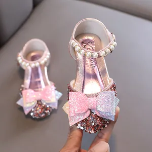 Chaussures de princesse roses pailletées pour filles avec nœud et perles