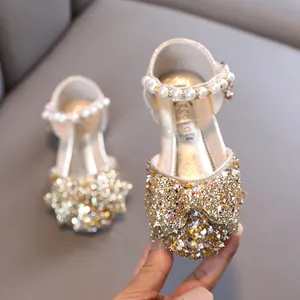 Chaussures de princesse pailletées dorées pour fille avec nœud et perles élégantes