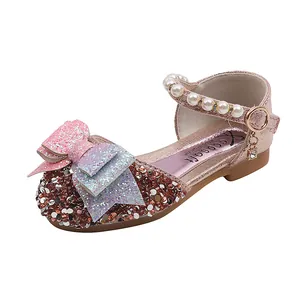 Chaussures de princesse pailletées roses pour filles avec bride en perles et grand noeud