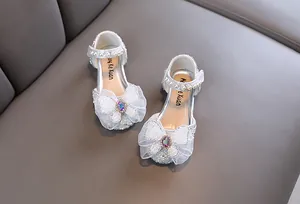Elegant girls' silver glitter princess shoes with lace bow and pearl ankle strap
