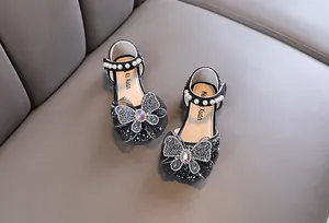 Sparkly black girls' princess shoes with rhinestone butterfly and pearls