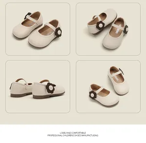 Detailed four-way view of beige toddler Mary Jane shoes with decorative brown flowers