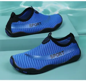 Detailed macro view of breathable blue striped water shoes for beach and yoga fitness