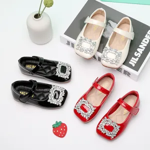 Chaussures Simple en Cuir PU Style Coréen pour Filles Bout Carré Vintage Boucle en Strass Semelle Souple Mary Jane Plates
